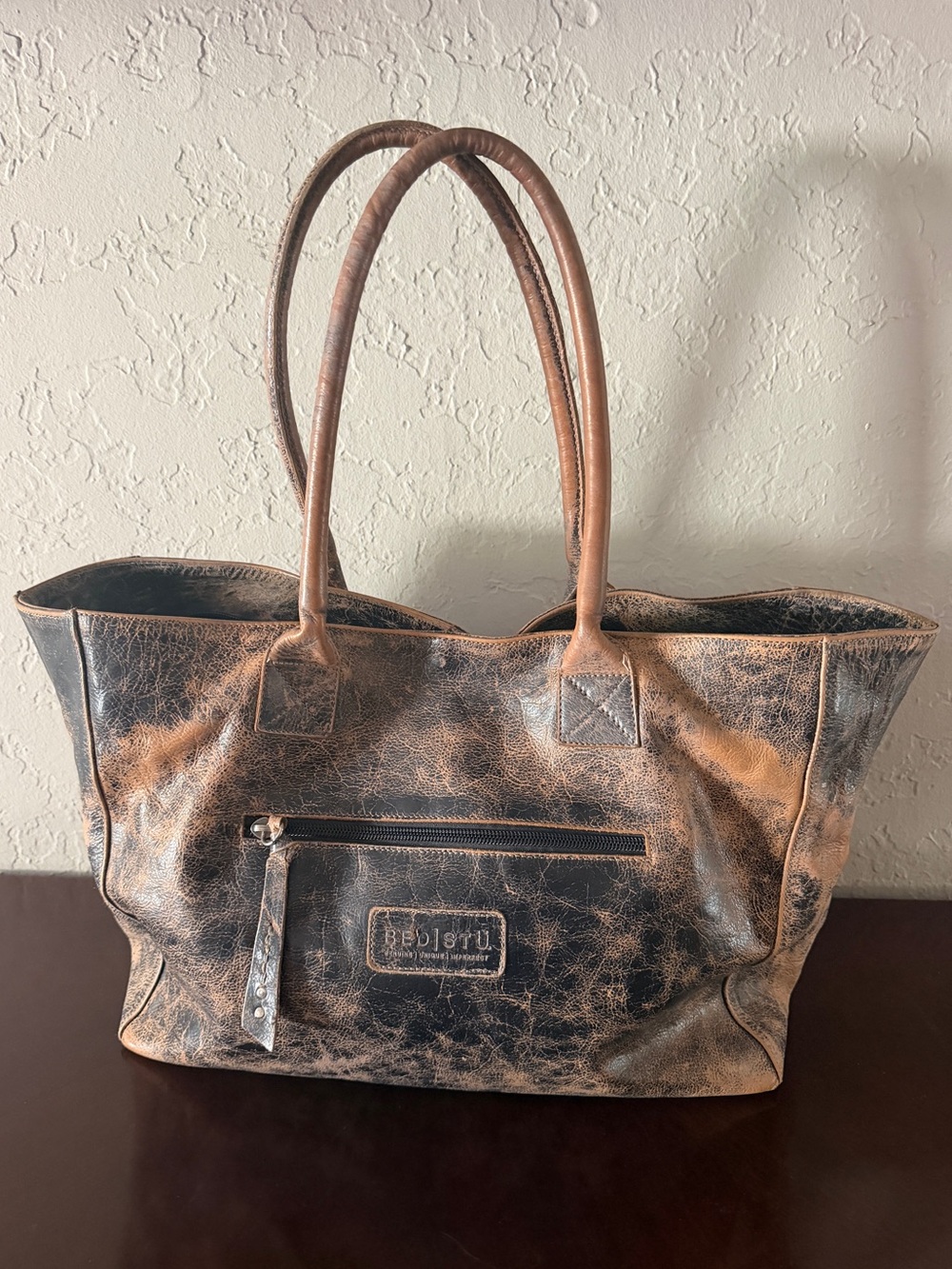 BED STU Medium Distressed Leather Tote Black Brown Shoulder Bag Boho